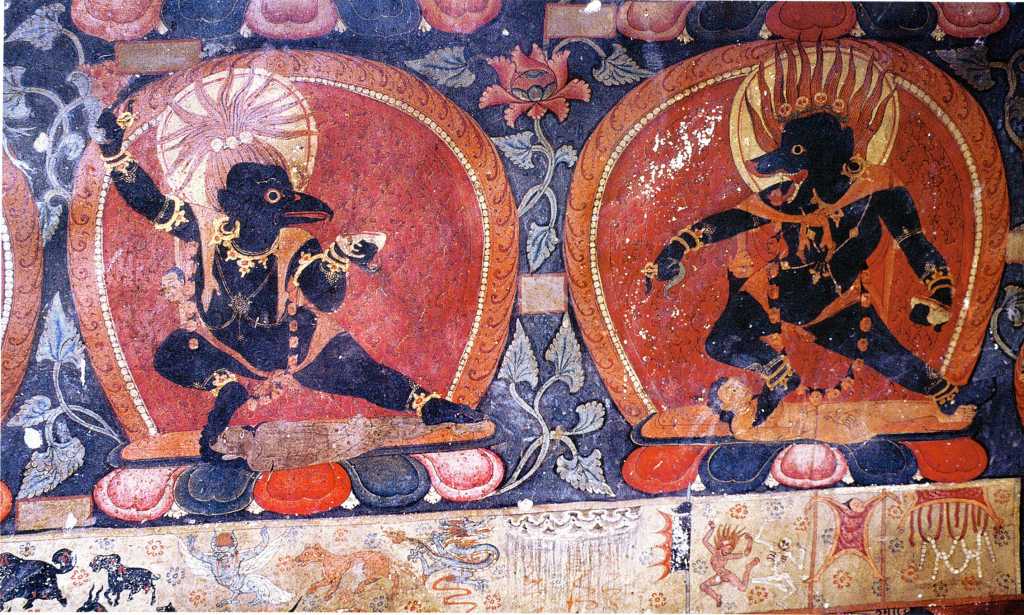 Tibet Guge 09 Tsaparang Demchog Temple 08 Hidden Vajravarahi Attendants Below the Demchog Mandala Temple is a small windowless temple, its walls covered with good paintings. Th�ni calls it the Hidden Temple (Verborgnen in German). Here is a painting of two attendants to Vajravarahi (Tib. Dorje Phagmo), the left with what looks like the head of an eagle, and the right with the head of a pig, each holding a vajra-topped chopper and skull cup. Photo - Th�ni: Westtibet.